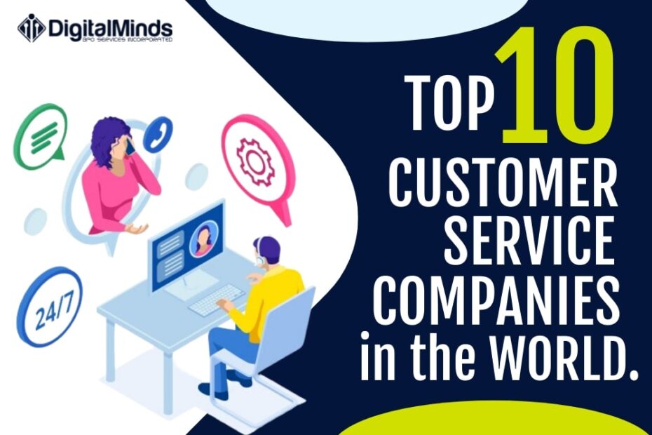 Illustration of two people engaging in a customer service call on computers, with icons of a clock, gears, and a phone. Text reads: "Top 10 Customer Service Outsourcing Companies in the World.