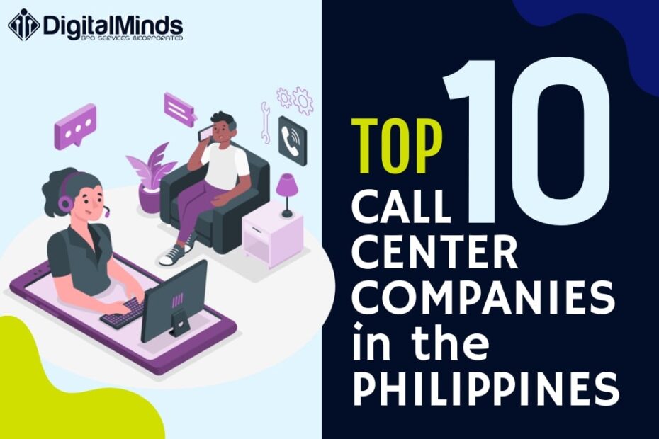 Illustration of a person at a desk with a headset and another sitting on a sofa, with text: "Discover the Top 10 Call Center Companies in the Philippines.