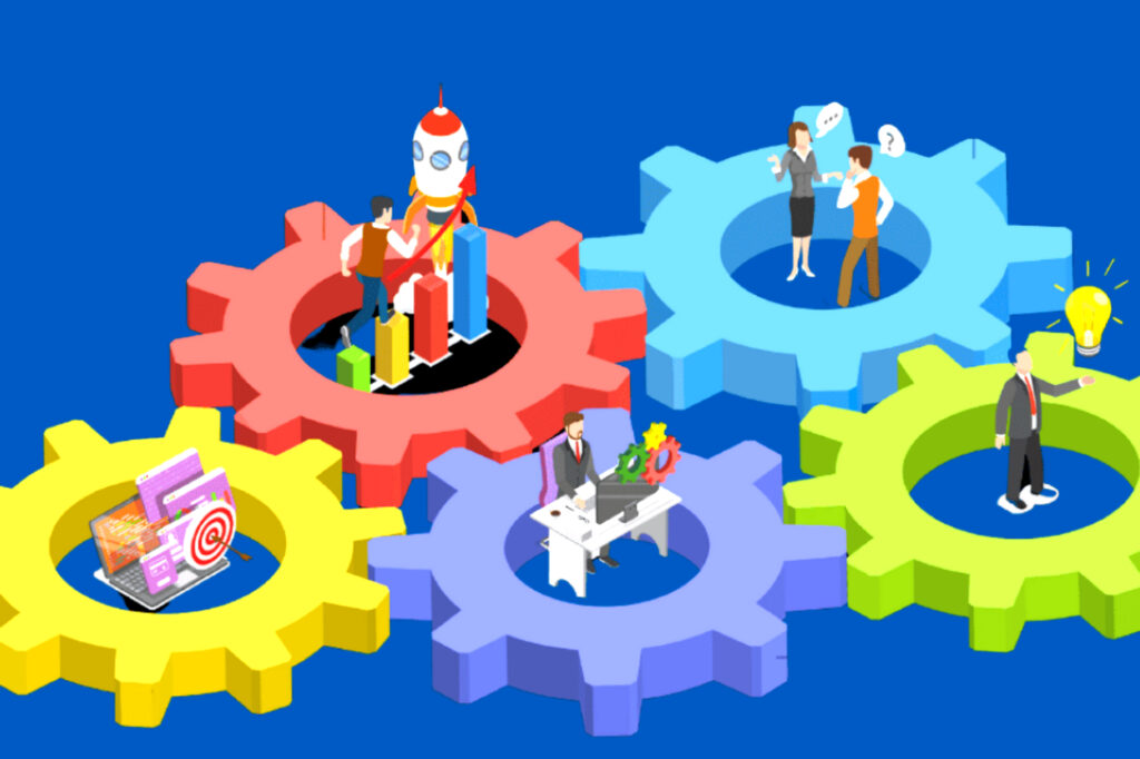 A graphic of colorful interlocking gears with people working on tasks, graphs, a light bulb, and target symbols symbolizes teamwork and innovation in various outsourcing pricing models.
