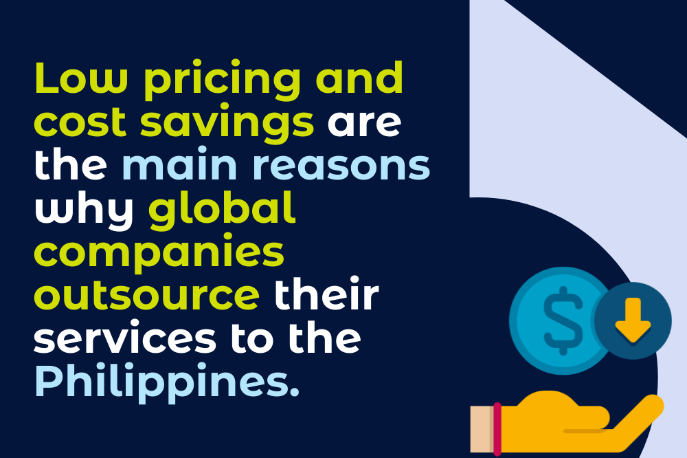 Graphic highlighting benefits of outsourcing to the Philippines: low pricing and cost savings. Features dollar symbols and an open hand illustration, emphasizing the advantages of outsourcing in this vibrant hub.