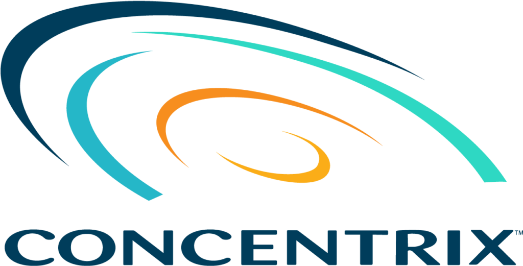 Concentrix logo featuring swirling abstract lines in blue, teal, and orange above the company name in bold letters.
