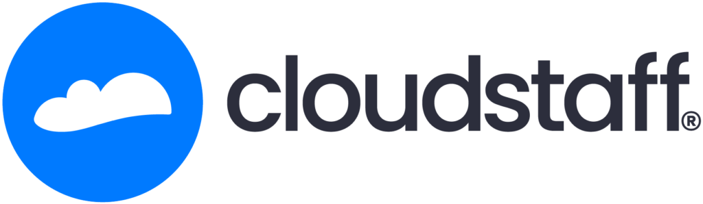 Cloudstaff logo featuring a white cloud icon on a blue circle, followed by the word "cloudstaff" in lowercase black letters.