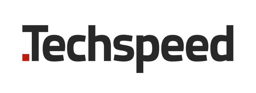 Logo of "Techspeed" in bold black text with a red dot before the "T".