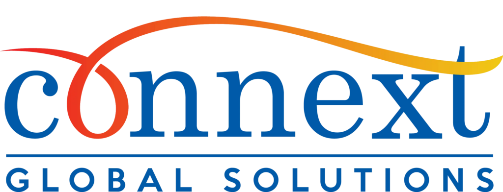 Logo of Connext Global Solutions with "connext" in blue, featuring an orange and yellow swoosh, and "GLOBAL SOLUTIONS" in smaller blue font below.