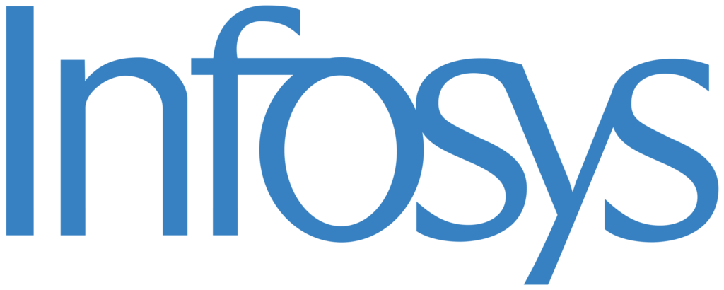Infosys company logo in blue text on a transparent background.