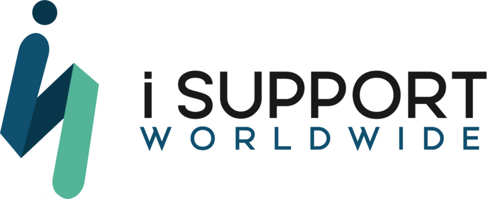 The image shows the "i Support Worldwide" logo with a stylized "i" icon next to the text "i SUPPORT WORLDWIDE" in black and blue capital letters.