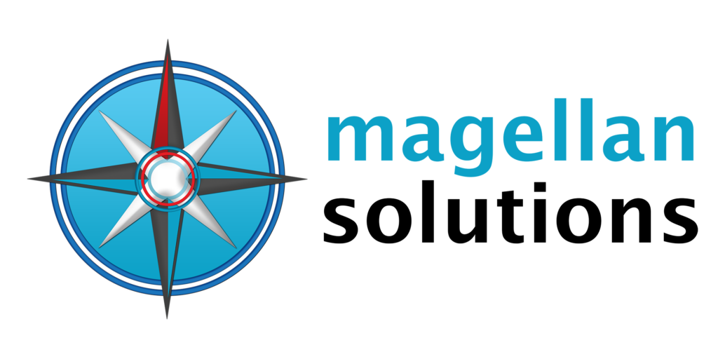 A blue and white compass rose logo is displayed to the left of the word "magellan" in lowercase blue letters on a transparent background.