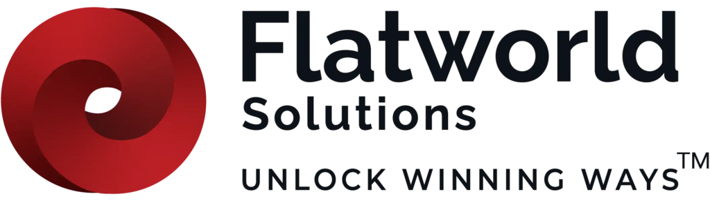 Flatworld Solutions logo featuring a red circular design on the left and the text "Flatworld Solutions Unlock Winning Ways" to the right.