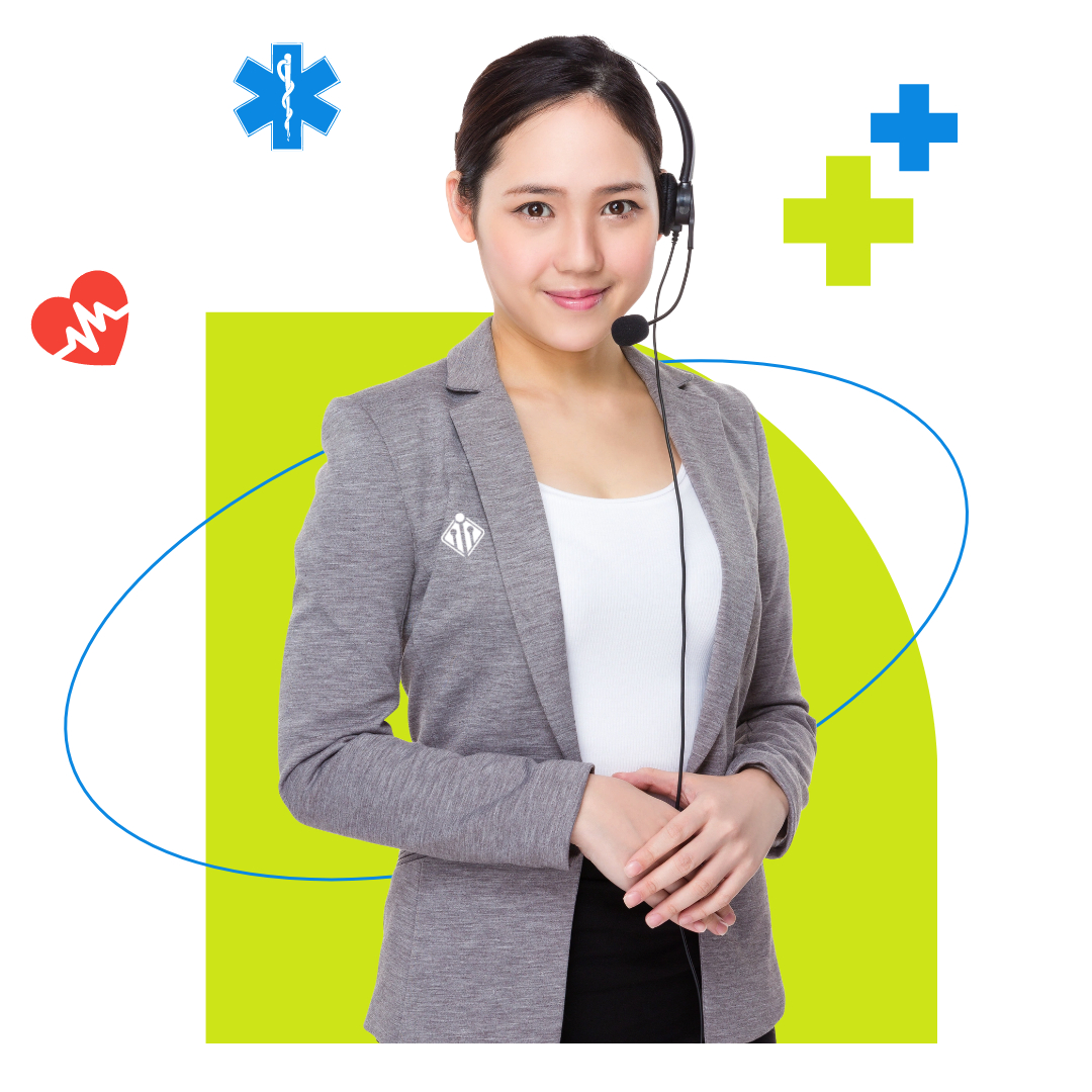 A woman in a headset and gray blazer stands against a bright background with medical and health symbols, representing a healthcare customer service representative specializing in outsourcing appointment scheduling. A woman in a headset and gray blazer stands against a bright background with medical and health symbols, representing a healthcare customer service representative specializing in outsourcing appointment scheduling.