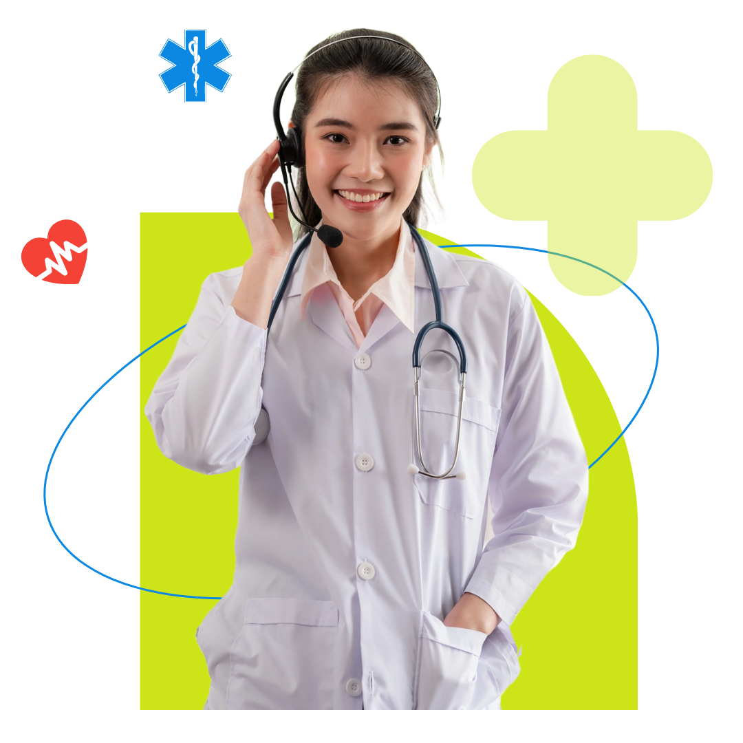 A female healthcare professional wearing a headset and stethoscope smiles, representing a virtual receptionist for medical practice, standing in front of medical icons and abstract shapes. A female healthcare professional wearing a headset and stethoscope smiles, representing a virtual receptionist for medical practice, standing in front of medical icons and abstract shapes.