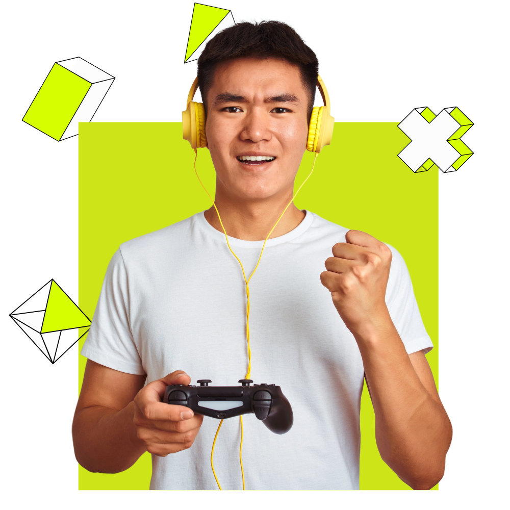 A young man wearing yellow headphones holds a game controller and raises his fist in victory, with geometric shapes and a green background—showcasing the excitement of gaming customer service. A young man wearing yellow headphones holds a game controller and raises his fist in victory, with geometric shapes and a green background—showcasing the excitement of gaming customer service.