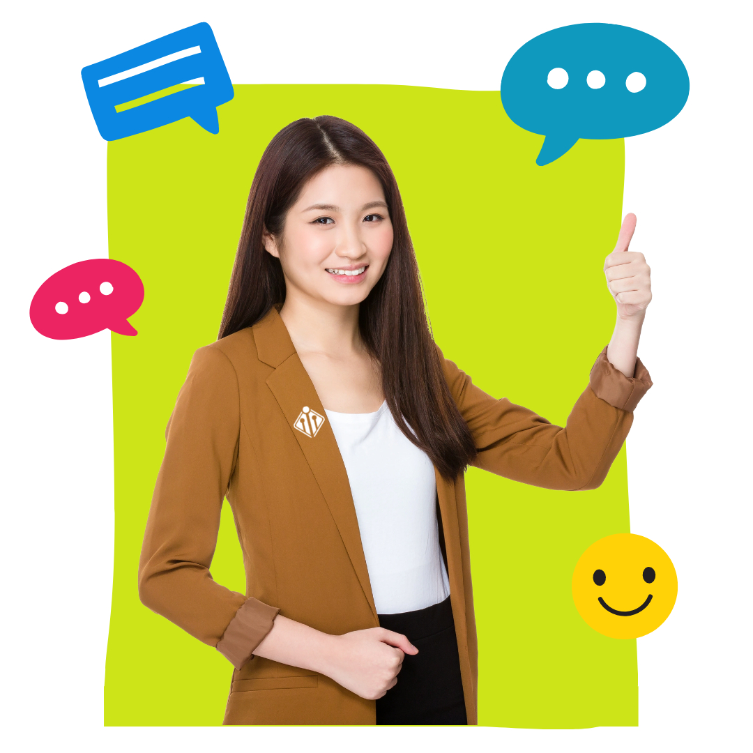 Woman in a brown blazer giving a thumbs up, surrounded by colorful speech bubbles and a smiling face on a bright green background—perfectly capturing the ease of outsourcing in-app support for seamless customer interactions. Woman in a brown blazer giving a thumbs up, surrounded by colorful speech bubbles and a smiling face on a bright green background—perfectly capturing the ease of outsourcing in-app support for seamless customer interactions.