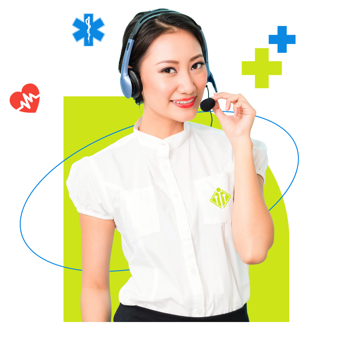 A woman wearing a headset and white shirt smiles at the camera. Medical icons including a heart, cross, and star of life are displayed in the background, highlighting the benefits of outsourcing medical billing services. A woman wearing a headset and white shirt smiles at the camera. Medical icons including a heart, cross, and star of life are displayed in the background, highlighting the benefits of outsourcing medical billing services.