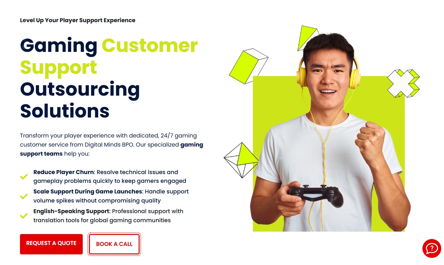 A young man wearing yellow headphones smiles and holds a game controller against a light green background, with text promoting gaming customer support outsourcing services.