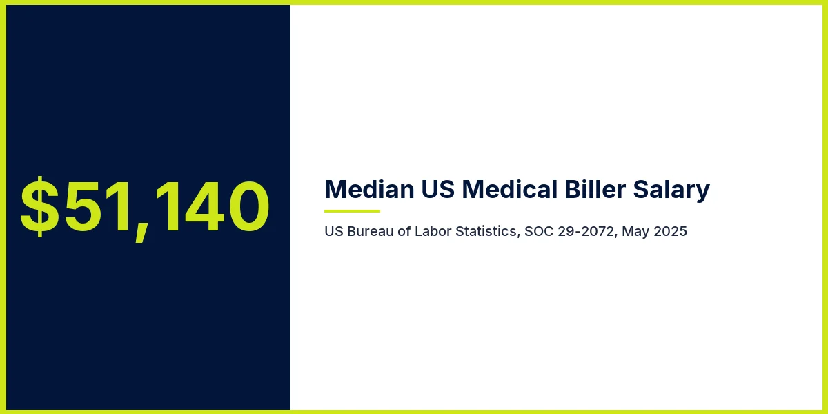 Median US medical biller salary of $51,140 a year, per US Bureau of Labor Statistics SOC 29-2072, May 2025