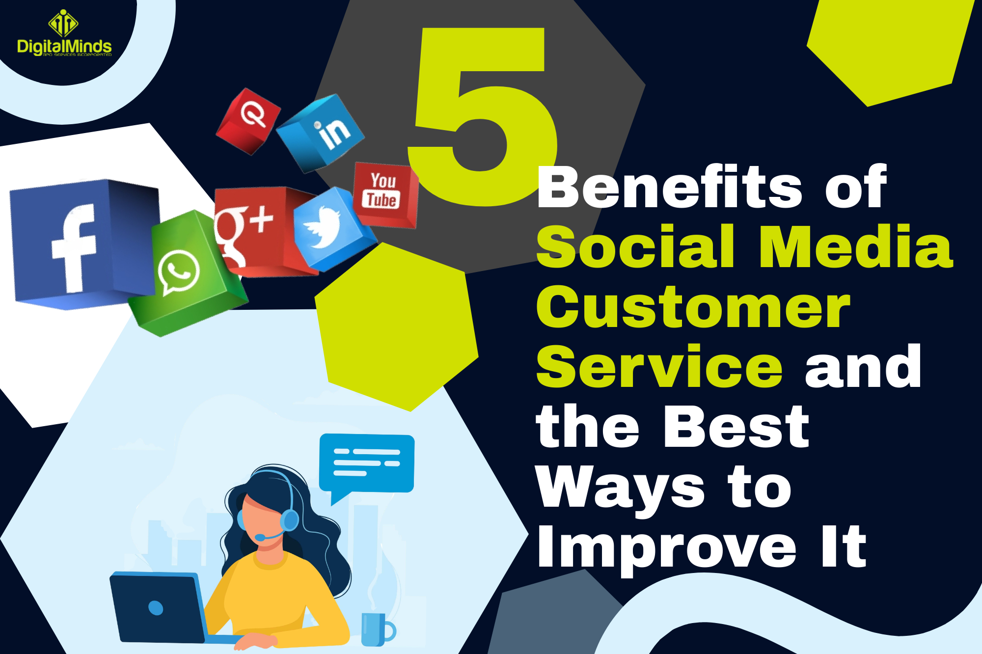 Infographic highlighting 5 benefits of social media customer service with tips for enhancement, featuring popular social media icons and a customer service representative.